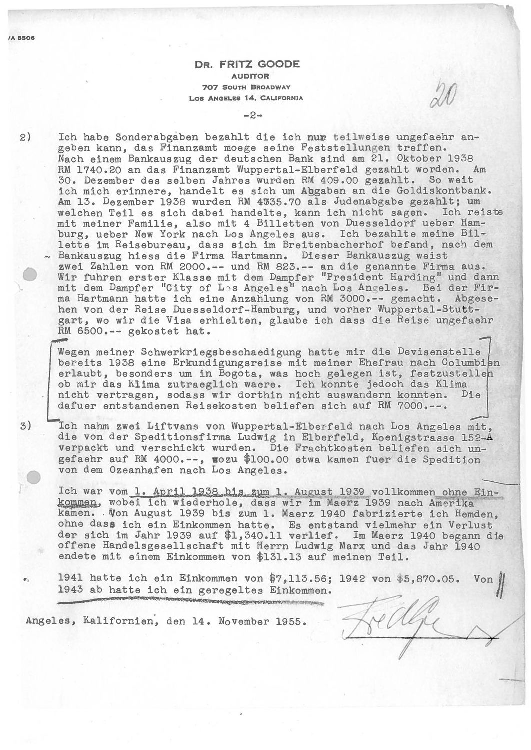 Affidavit signed by Fred Grunwald in connection with his compensation claims, November 14, 1955. Bezirksregierung Düsseldorf, Dezernat 15
