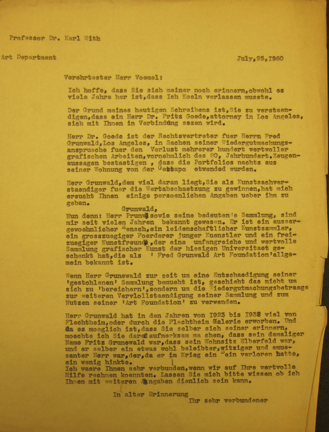 Letter from Karl With to Alex Vömel, July 25, 1960. Getty Research Institute Special Collections, Karl With Papers. © Christopher With