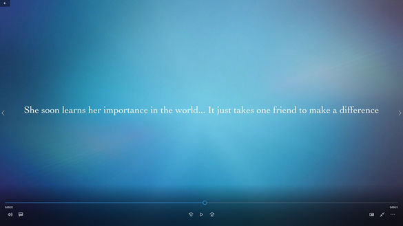 Still from a student video depicts a character’s journey as she accepts her sexuality as a result of a kind interaction, with the words "She soon learns her importance in the world... It just takes one friend to make a difference"