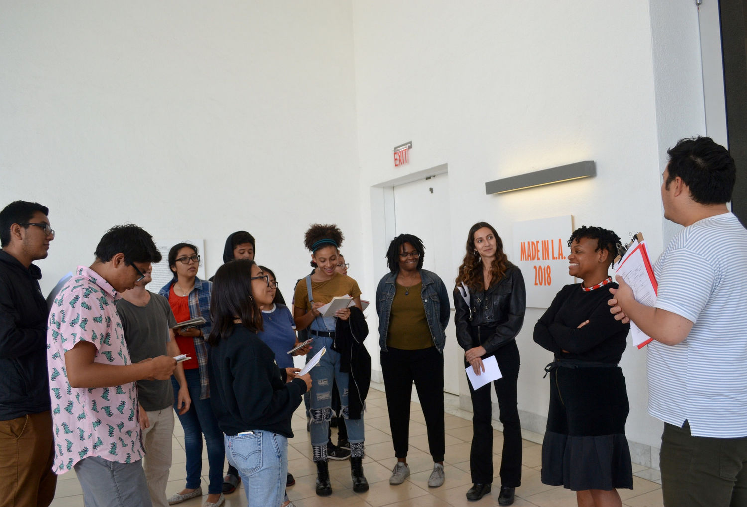 Students talking with Erin Christovale, Made in L.A. cocurator