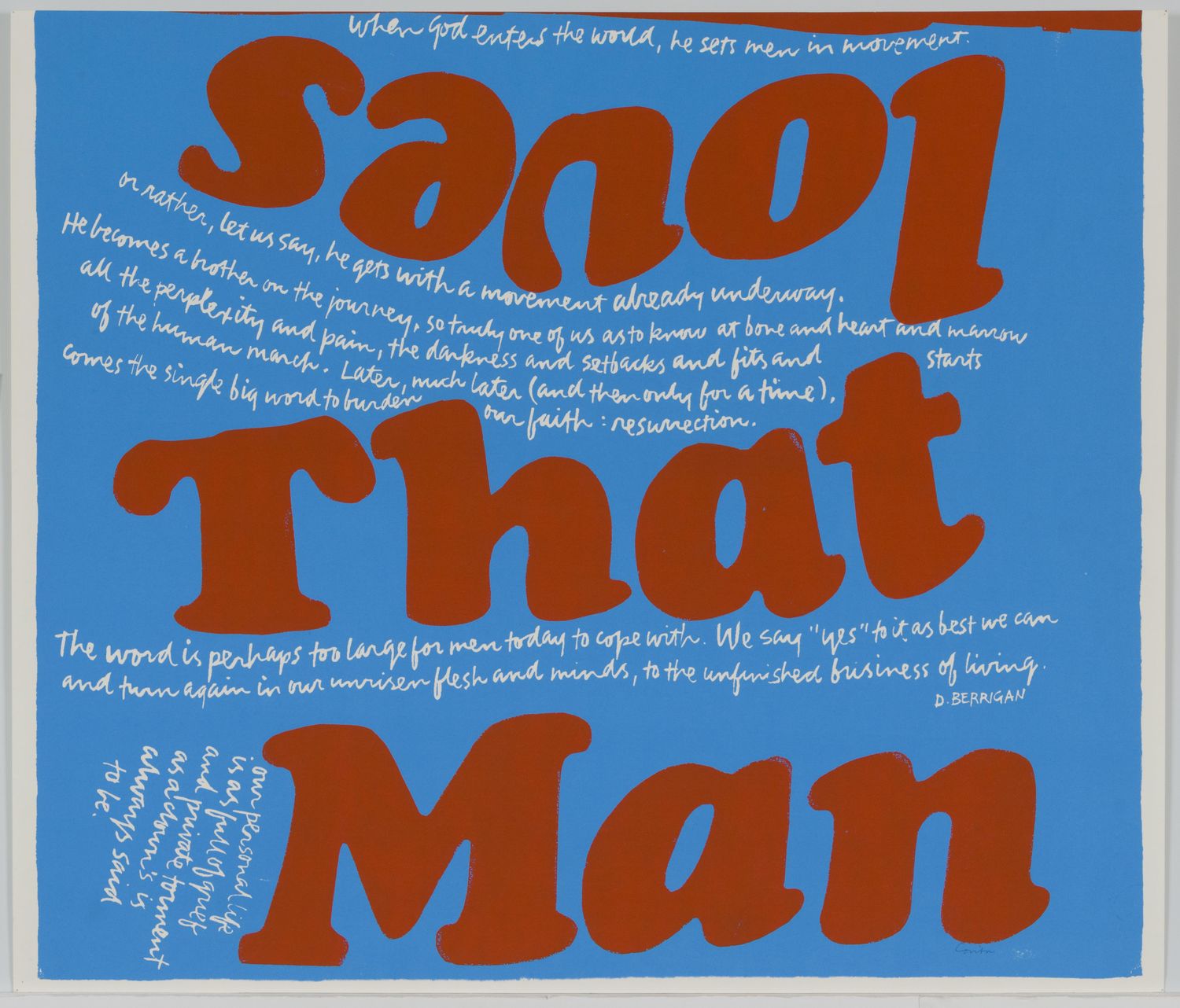 Colorful screenprint with "loves That Man" in bright red on a blue background
