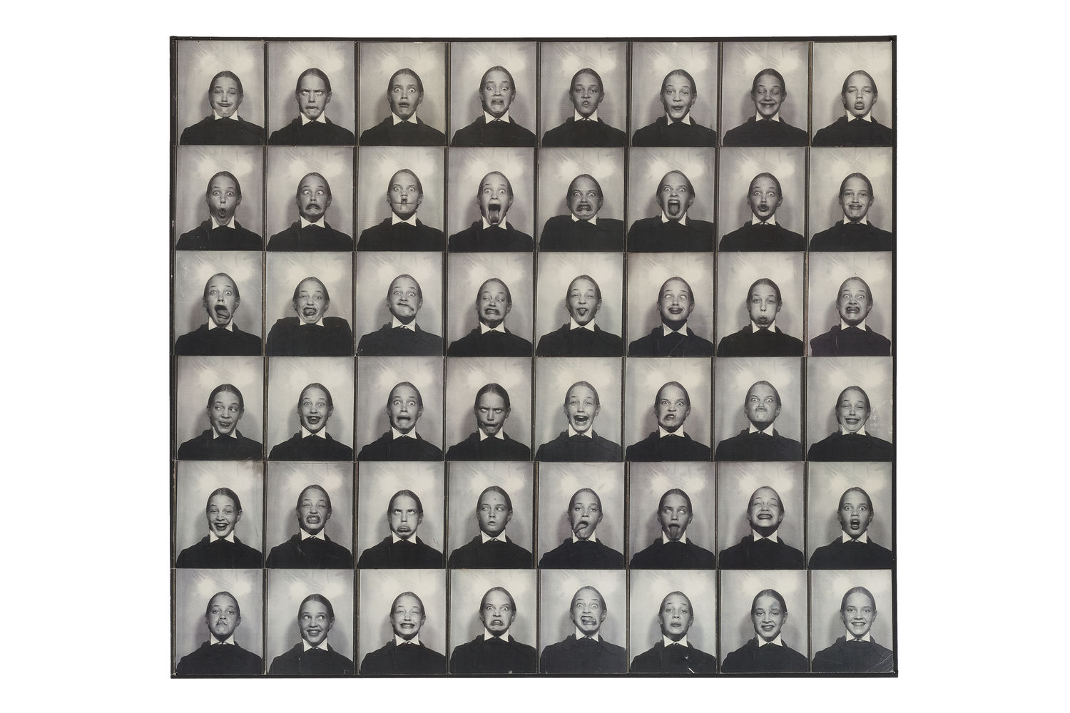 A grid of black and white photographic portraits of a person making faces, and wearing a black top with white collar.