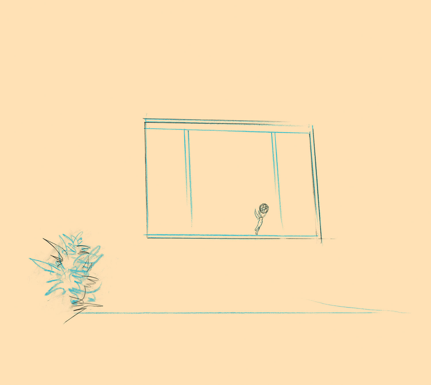 A print with a line drawing of a window with an Emmy award sitting on the window sill. A plant sits below the window, on a single horizontal line extending across the entire plane, suggesting a floor. The image is printed on a yellow-beige background 