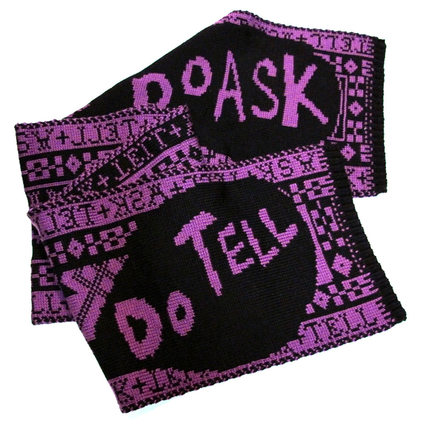 a purple and black knitted scarf with the words "DO ASK" and "DO TELL"