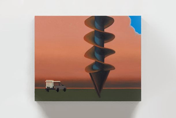 A painting of a small truck next to a large drill