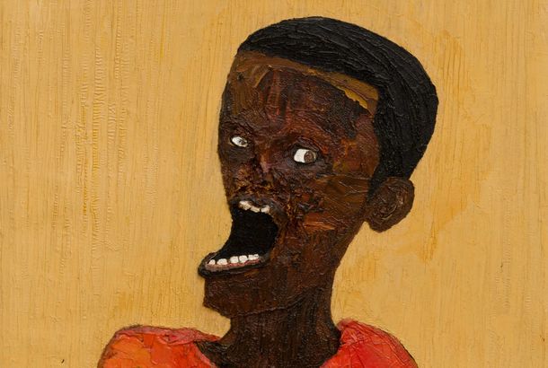 A painting of a young boy in a red shirt holding a box of Burger King. The boy's mouth is open wide, showing his teeth. The gold background is thickly painted.