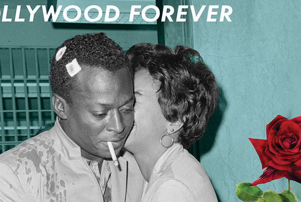 A collage magazine cover of a man and a woman. The words Hollywood Forever are printed across the top, and a red rose is pasted over the image.