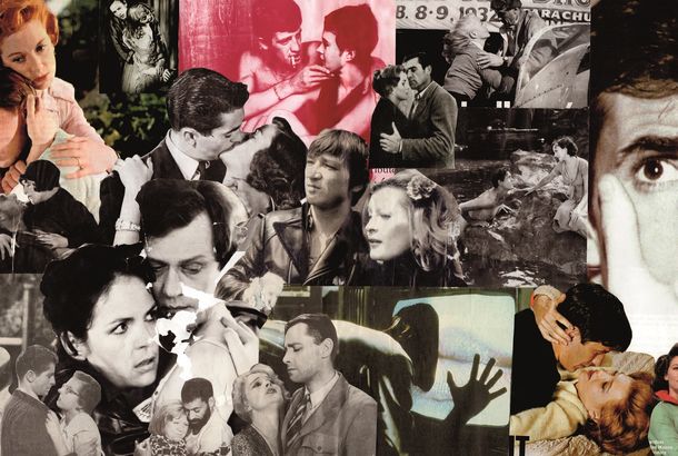 A collage of faces, people embracing