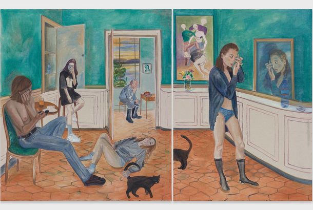 An oil painting of two household scenes