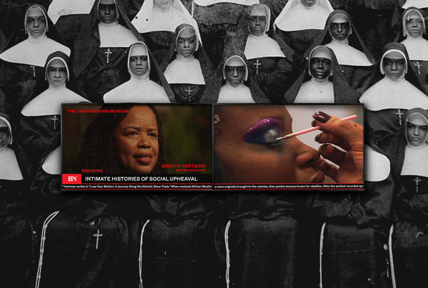 Two television screens over a background of nuns