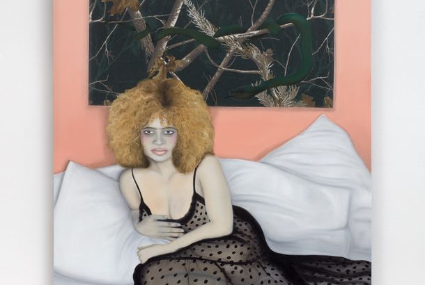 A painting of a woman reclining in bed