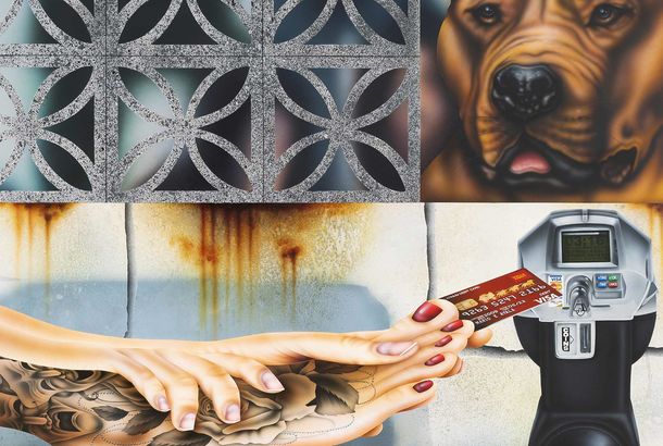Detail of a realistic painting showing an image of a brick wall, a brown dog, and tattooed hands reaching to a parking meter