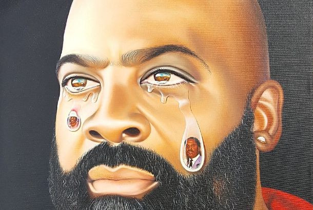 A painted portrait of a man with two teardrops, depicting other men, on his face