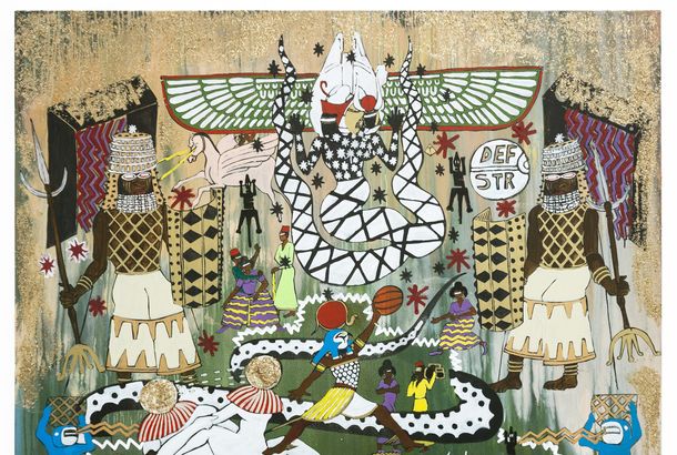 A brightly-colored landscape filled with different figures