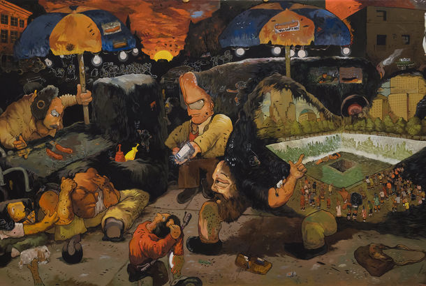 A surreal, sometimes grotesque view of a hot dog cart next to the 9-11 memorial