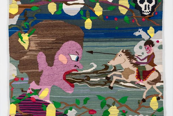 Christina Forrer, Woman with Waves Coming Out of Her Mouth, 2014. Cotton and wool, 50 x 56 in. (127 x 142.2 cm), Hammer Museum, Los Angeles. Purchase. © 2014 Christina Forrer, Photographed by Josh White Studio