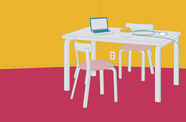 graphic image of a white table and chairs with a computer on the table, with a solid background of yellow covering the top half of the image, and burgundy on the bottom half.