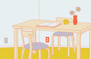 graphic image of a table with chairs. A book and a vase with flowers sit on the table. 