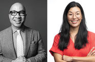 On left, black and white photograph of a man with no hair, glasses, wearing a coat and tie, smiling. On right, image of a woman with long black hair, glasses, smiling, wearing a red shirt