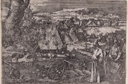 Men look at a cannon in the foreground while a small village fills the background