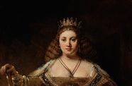Painting of a woman in a gold dress wearing a crown