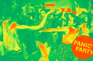 A group of people dancing with an overlay that reads Panic Party