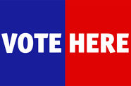 the words "VOTE HERE" appear across a background that is blue on the ledt half and red on the right half.