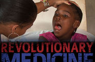 Film poster for Revolutionary Medecine, with film title and an image of a child with mouth open being examined by a doctor