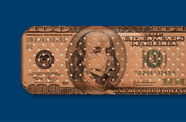 Illustration of a band-aid bearing the partial image of a $100 bill with Benjamin Franklin wearing a medical face mask