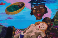 In a colorful painting, a baby in a cradle and a head in a graduation cap float above two reclining figures