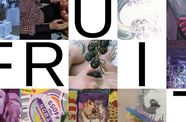 A graphic reading "FRUIT" with purple images of fruits