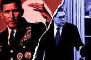 Image of Michael Flynn in a military uniform on the left with a torn edge appears overlaid on top of a photograph of Donald Trump and William Barr Jr.. 