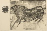 An etching of a small bull meeting a large bull