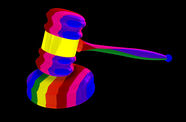 A rainbow-colored gavel