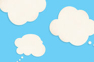 Three white thought bubble clouds on a sky blue background