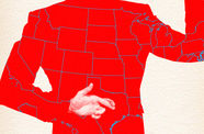 Graphic image of back of person's torso, who is wearing a red jacked with the US states outlined. One arm is behind the back with fingers crossed, the other arm is raised up as if swearing an oath. The torso is visible from below the neck to hip.