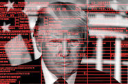 A graphic of President Trump behind a red screen of a tax return