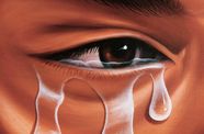 painting showing a close up of a dark-skinned person's eye with tears flowing out. 