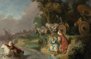 A pastoral painting of colorfully dressed figures and animals in nature