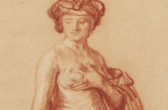 A brown drawing of a nude figure looking over its shoulder