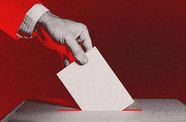 A red-tinted graphic of a hand dropping a piece of paper into a ballot box