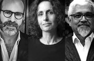 Three photographic portraits in black and white side by side. A man on the left with a beard and glasses, a woman in the middle with long brown hair, and a man on the right with a white beard and glasses. 
