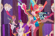A purple tapestry of cartoonish, scary figures