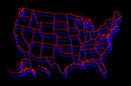 A graphic of a blue United States map overlaid on a red United States map