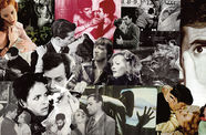 A rectangular panel collaged with many images in black and white and color of men and women. Many seem to be from nid-20th-century movies, and in many, the men and women are embracing.