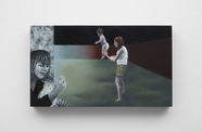 A painting of a woman in black-and-white crying to the left while a woman on the right holds a floating baby