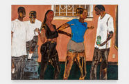 A colorful painting of five figures in front of a building