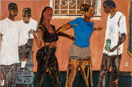 A colorful painting of five figures before a building