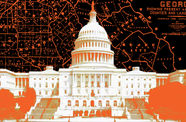 A photo illustration of the White House with a peach-colored map of Georgia in the background