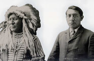 Two photographs of men in black and white, seen from the waist up. The man on the left is dressed in native American  dress, and the man on the right is dressed in a suit and tie.